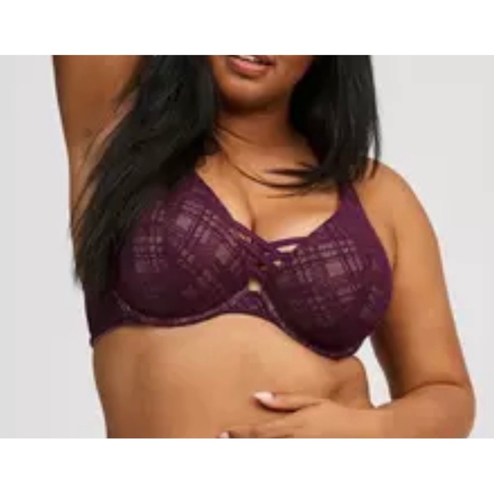 Torrid XO‎ Plunge Push Up Bra Purple Plaid Lace Strappy Underwire 44DD